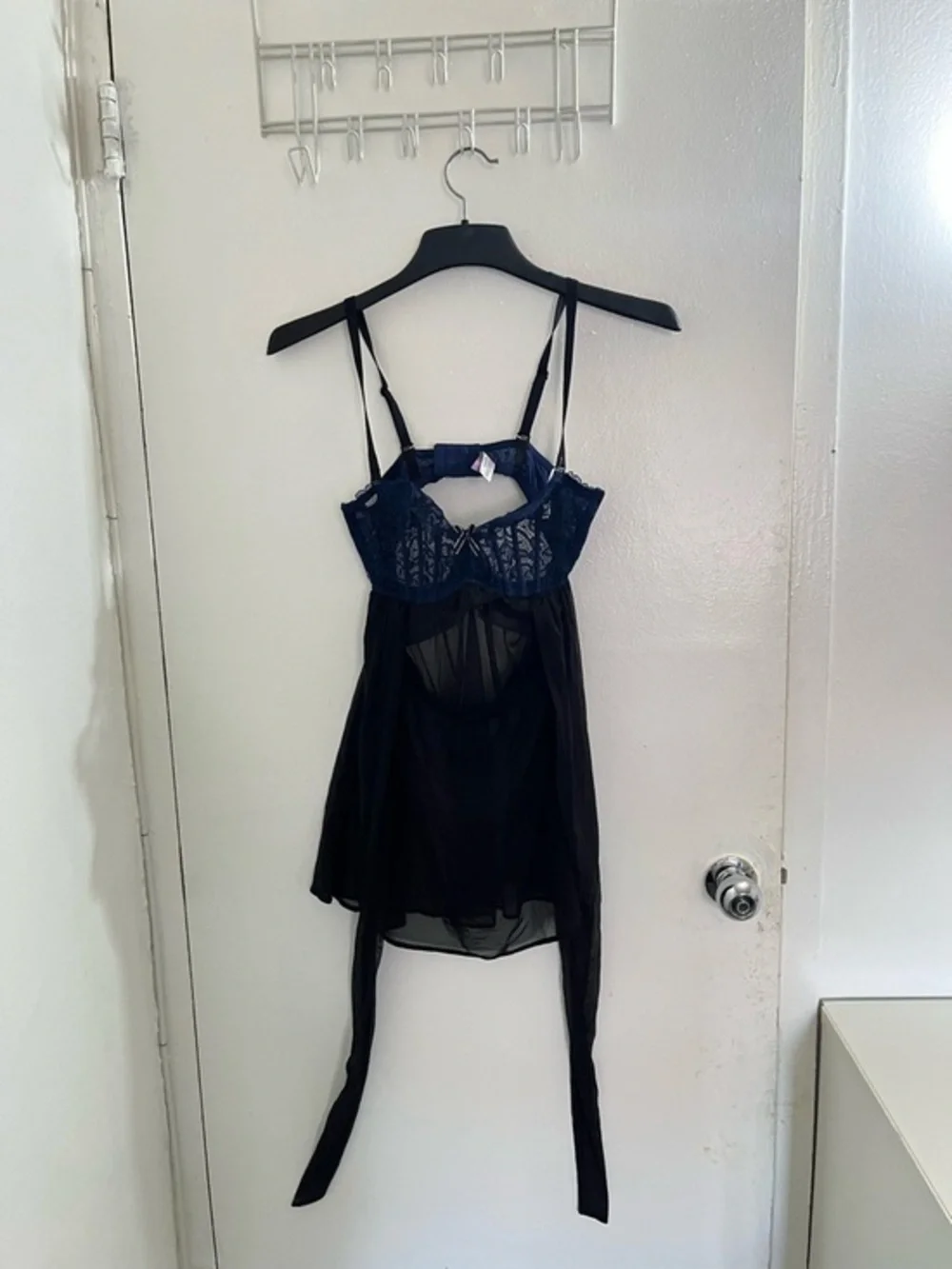 Adore Me Sheer Black Babydoll Chemise with Navy Lace Bust